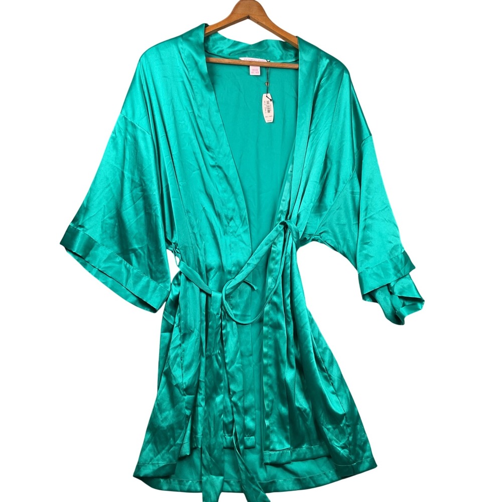 Victoria Secret satin  Robe Womens M/L Green Short Kimono Tie Waist New